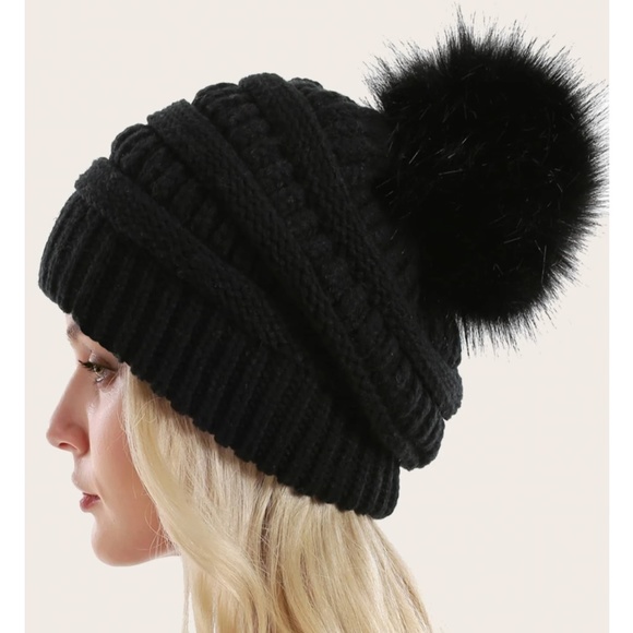 Rouge! Accessories - Black Cable Knit Beanie Hat Faux Fur Pom Pom 100% Acrylic